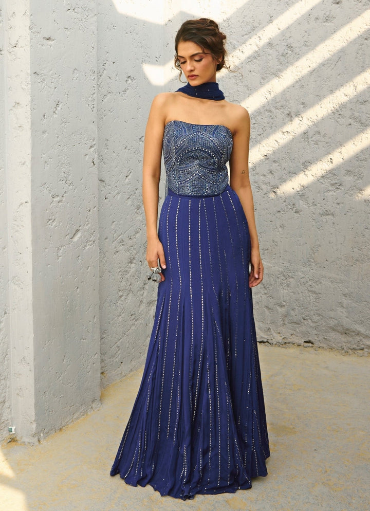 Deep Blue Sequin Embroidered Skirt With Corset Chamee and Palak - Fabilicious Fashion