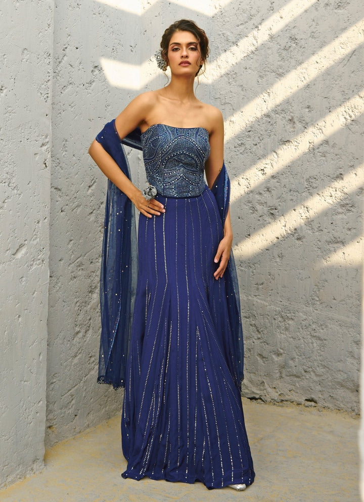 Deep Blue Sequin Embroidered Skirt With Corset Chamee and Palak - Fabilicious Fashion