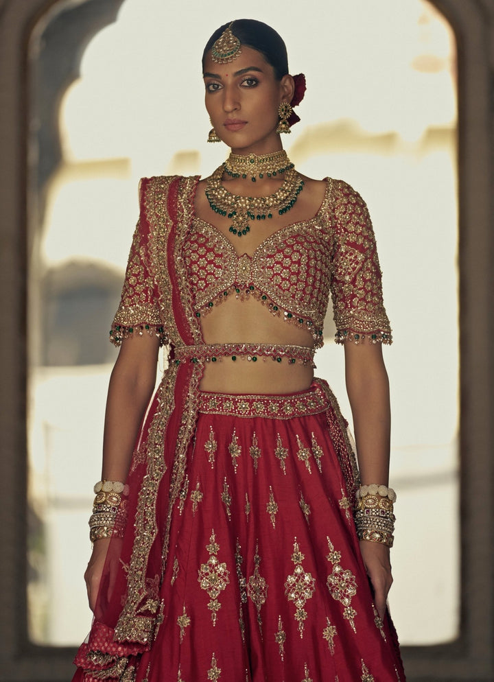 Deep Red Silk Embroidered Bridal Lehenga Set Nitika Gujral - Fabilicious Fashion