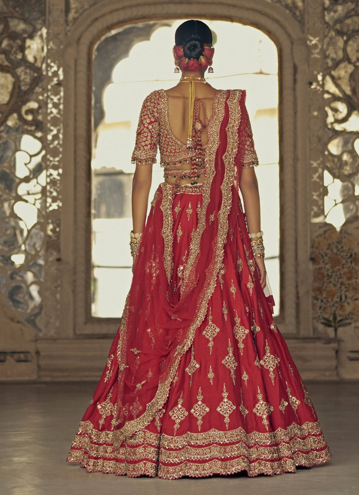 Deep Red Silk Embroidered Bridal Lehenga Set Nitika Gujral - Fabilicious Fashion
