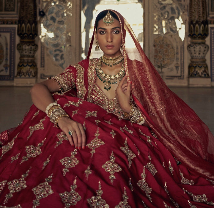 Deep Red Silk Embroidered Bridal Lehenga Set Nitika Gujral - Fabilicious Fashion