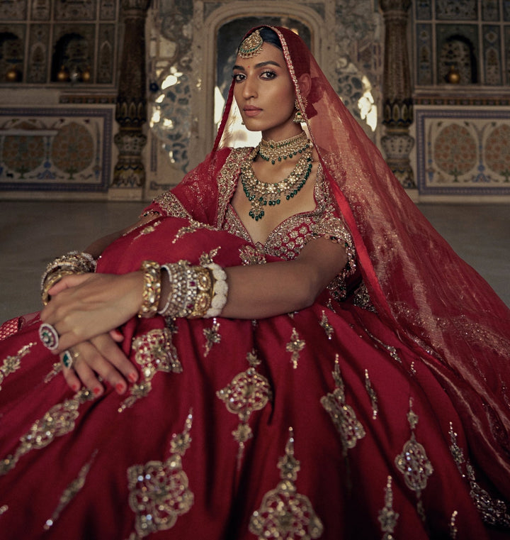 Deep Red Silk Embroidered Bridal Lehenga Set Nitika Gujral - Fabilicious Fashion