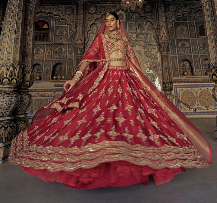 Deep Red Silk Embroidered Bridal Lehenga Set Nitika Gujral - Fabilicious Fashion