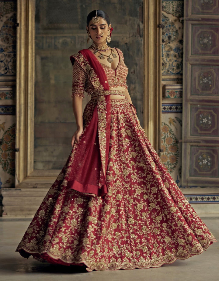 Deep Red Silk Embroidered Lehenga Nitika Gujral - Fabilicious Fashion