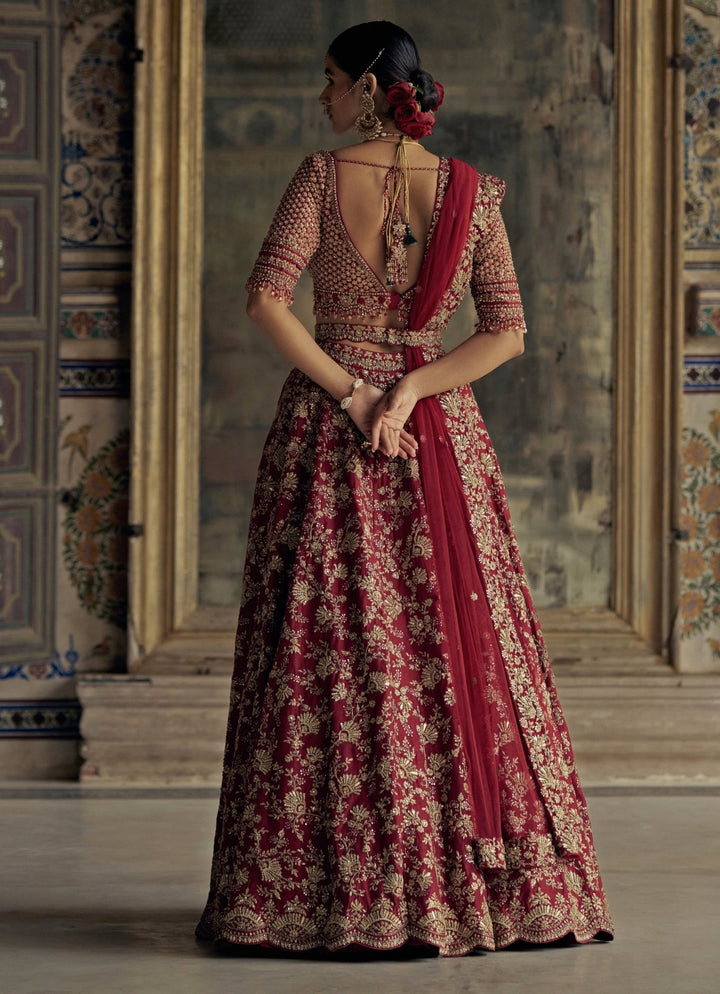 Deep Red Silk Embroidered Lehenga Nitika Gujral - Fabilicious Fashion