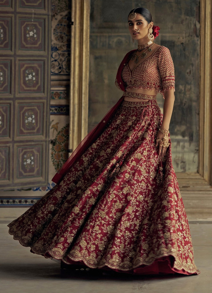 Deep Red Silk Embroidered Lehenga Nitika Gujral - Fabilicious Fashion