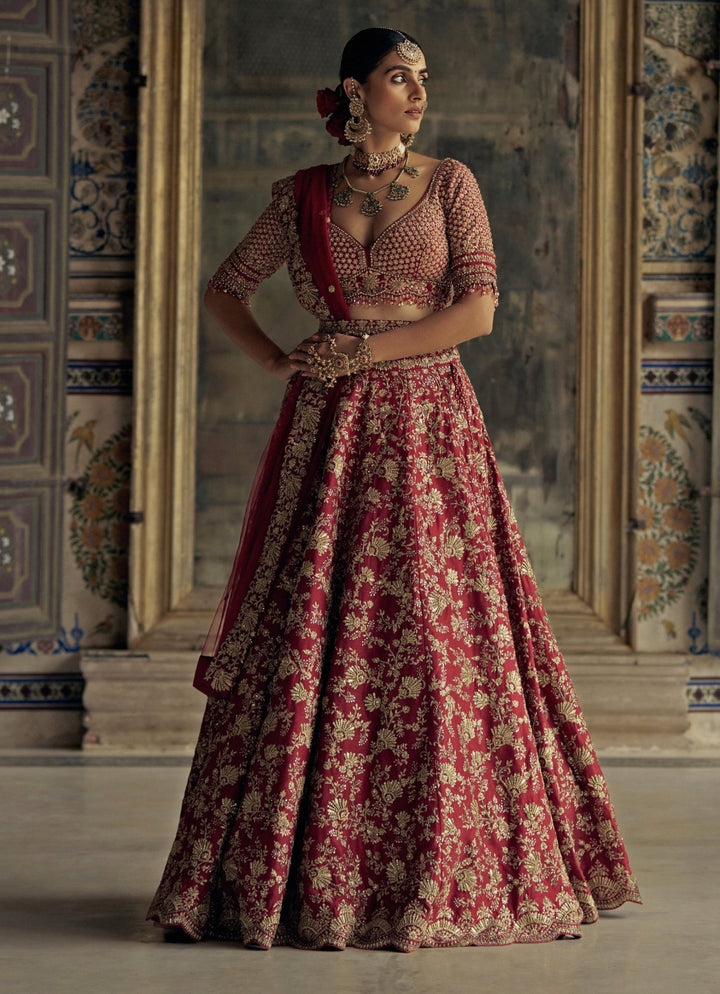 Deep Red Silk Embroidered Lehenga Nitika Gujral - Fabilicious Fashion