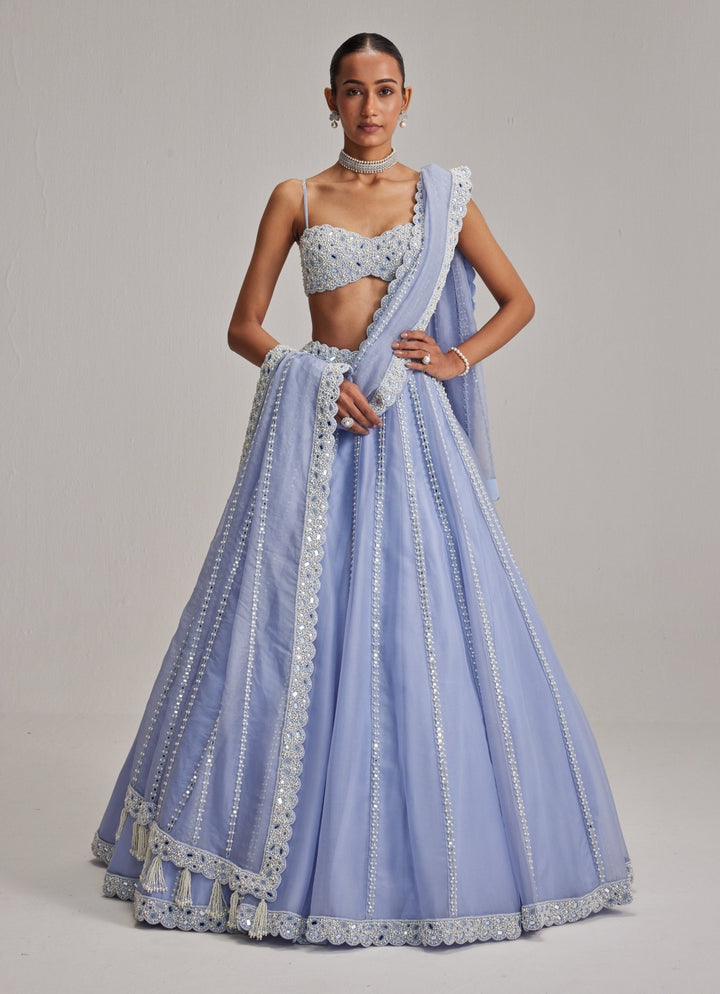 Dew Blue Mirrorwork Organza Lehenga Set Vvani by Vani Vats - Fabilicious Fashion
