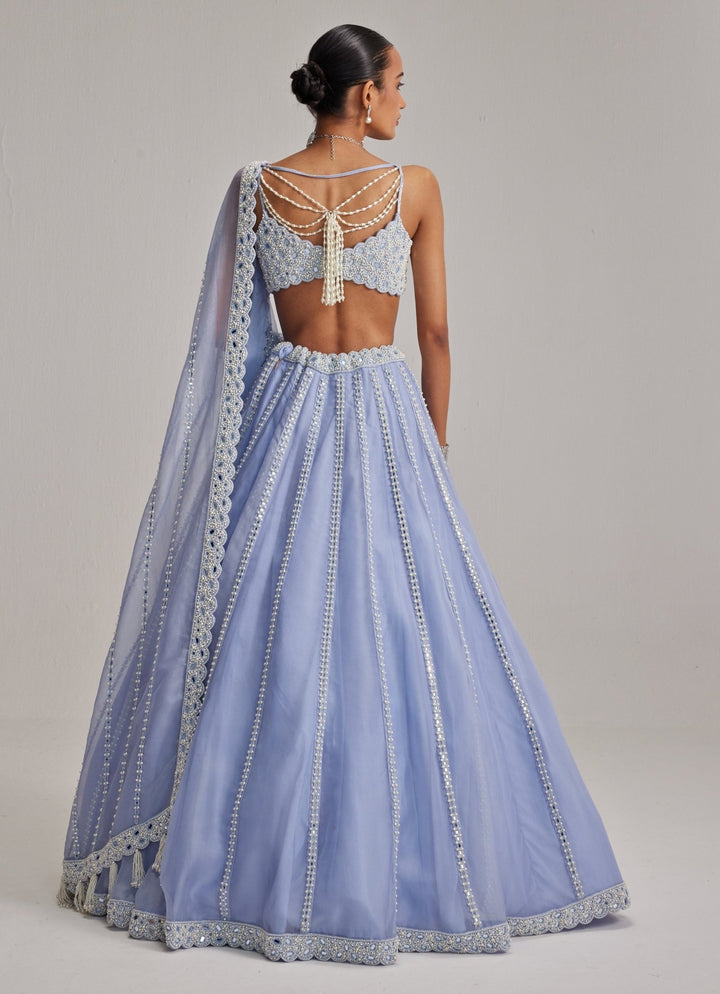 Dew Blue Mirrorwork Organza Lehenga Set Vvani by Vani Vats - Fabilicious Fashion