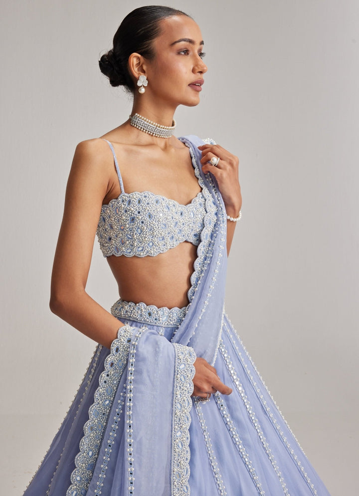 Dew Blue Mirrorwork Organza Lehenga Set Vvani by Vani Vats - Fabilicious Fashion