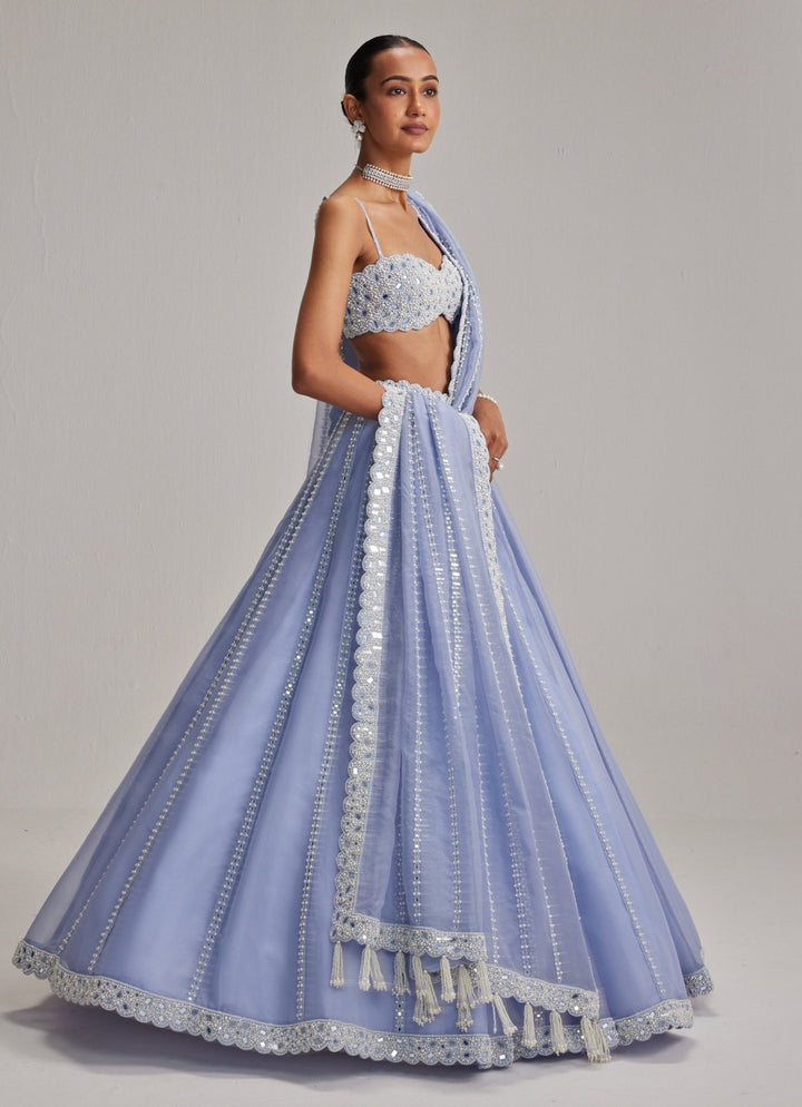 Dew Blue Mirrorwork Organza Lehenga Set Vvani by Vani Vats - Fabilicious Fashion