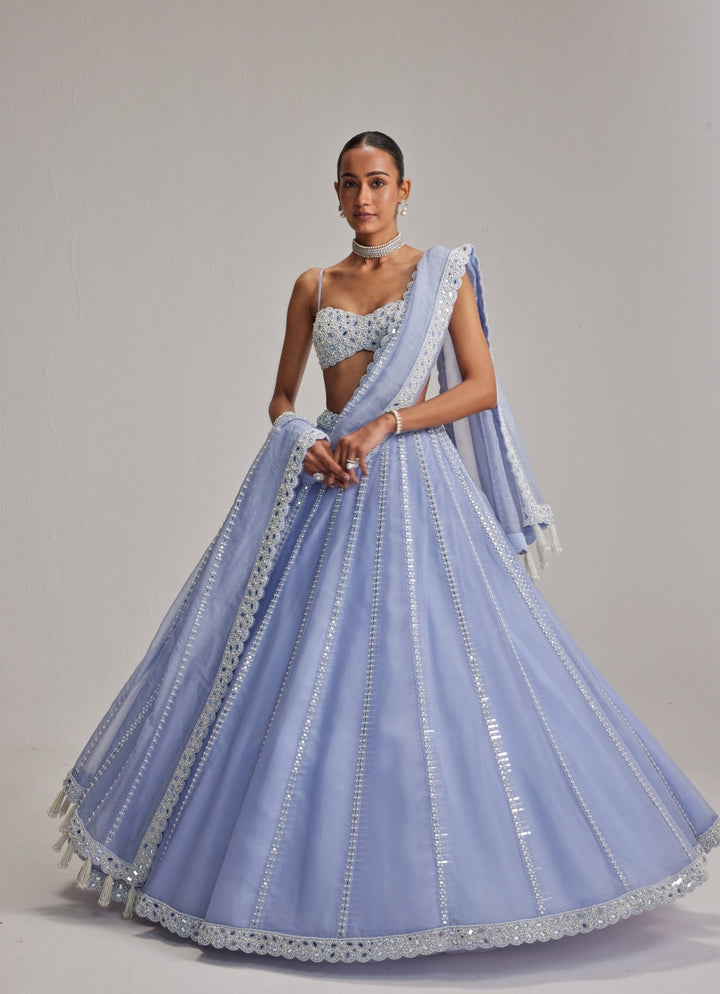 Dew Blue Mirrorwork Organza Lehenga Set Vvani by Vani Vats - Fabilicious Fashion