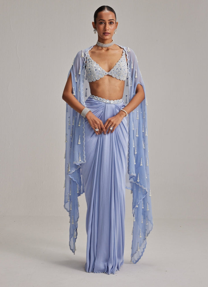 Dew Blue Pearl Embroidered Satin Drape Skirt Set With Cape Vvani by Vani Vats - Fabilicious Fashion