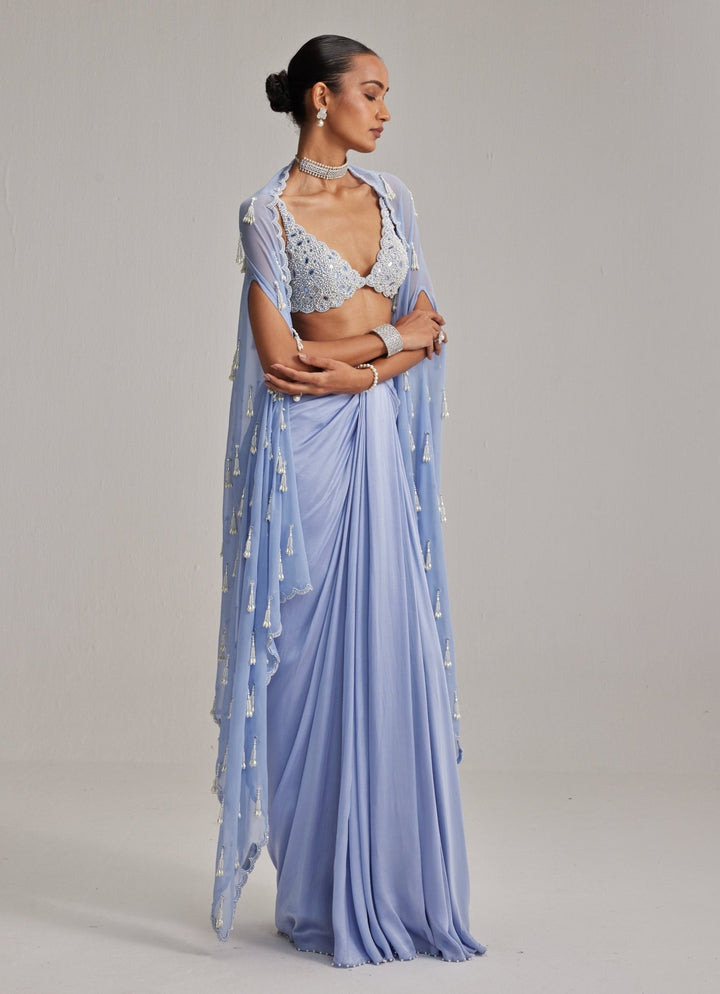 Dew Blue Pearl Embroidered Satin Drape Skirt Set With Cape Vvani by Vani Vats - Fabilicious Fashion