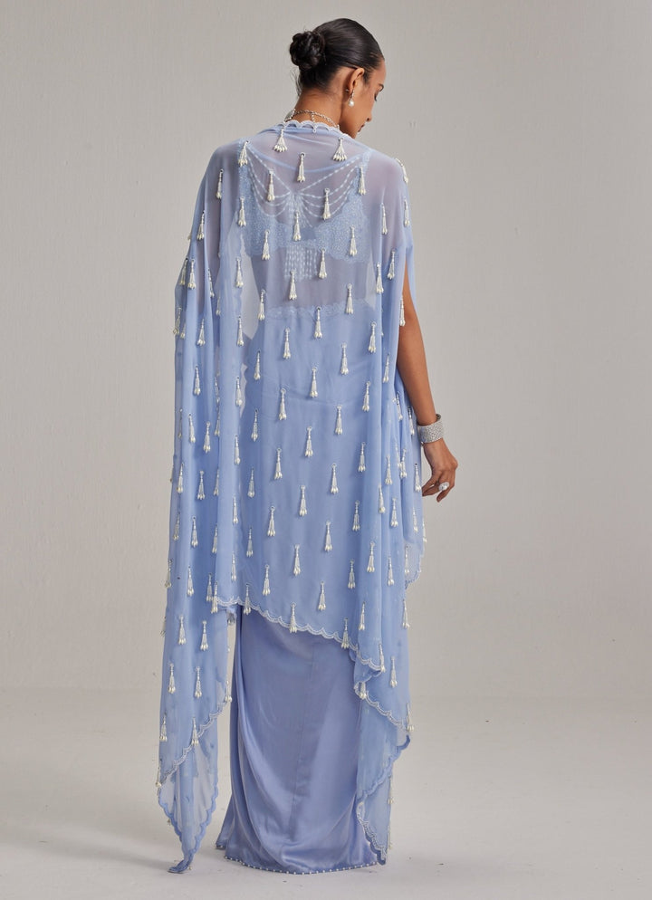 Dew Blue Pearl Embroidered Satin Drape Skirt Set With Cape Vvani by Vani Vats - Fabilicious Fashion