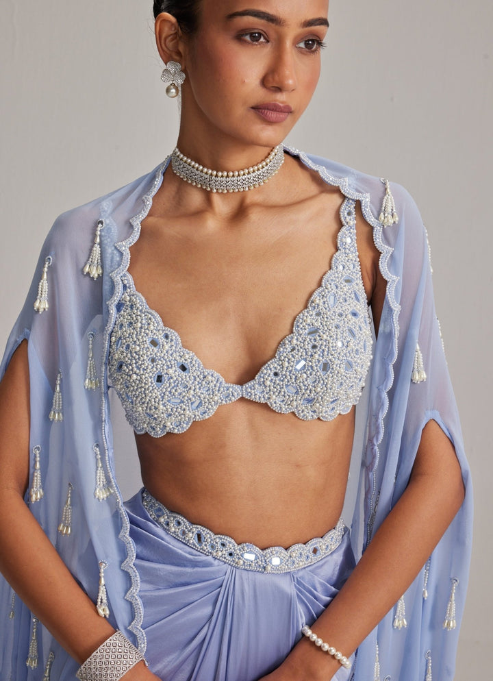 Dew Blue Pearl Embroidered Satin Drape Skirt Set With Cape Vvani by Vani Vats - Fabilicious Fashion