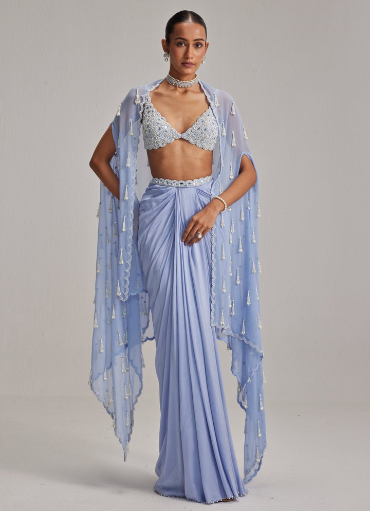 Dew Blue Pearl Embroidered Satin Drape Skirt Set With Cape Vvani by Vani Vats - Fabilicious Fashion