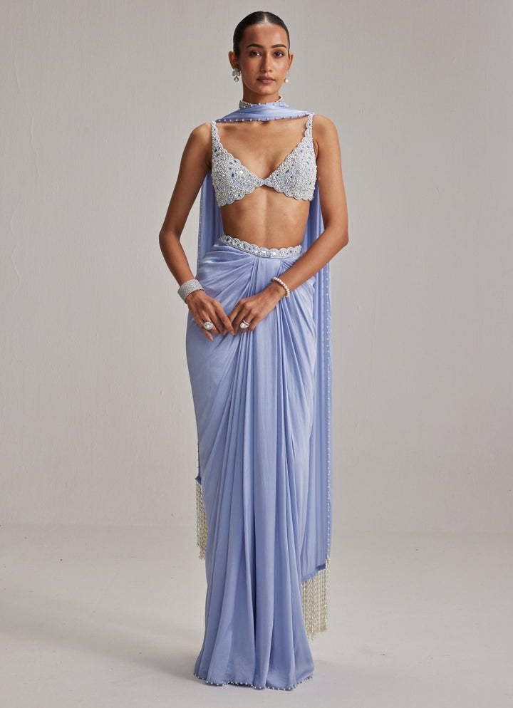 Dew Blue Pearl Embroidered Satin Drape Skirt Set Vvani by Vani Vats - Fabilicious Fashion