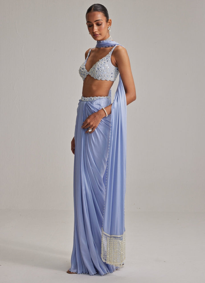 Dew Blue Pearl Embroidered Satin Drape Skirt Set Vvani by Vani Vats - Fabilicious Fashion