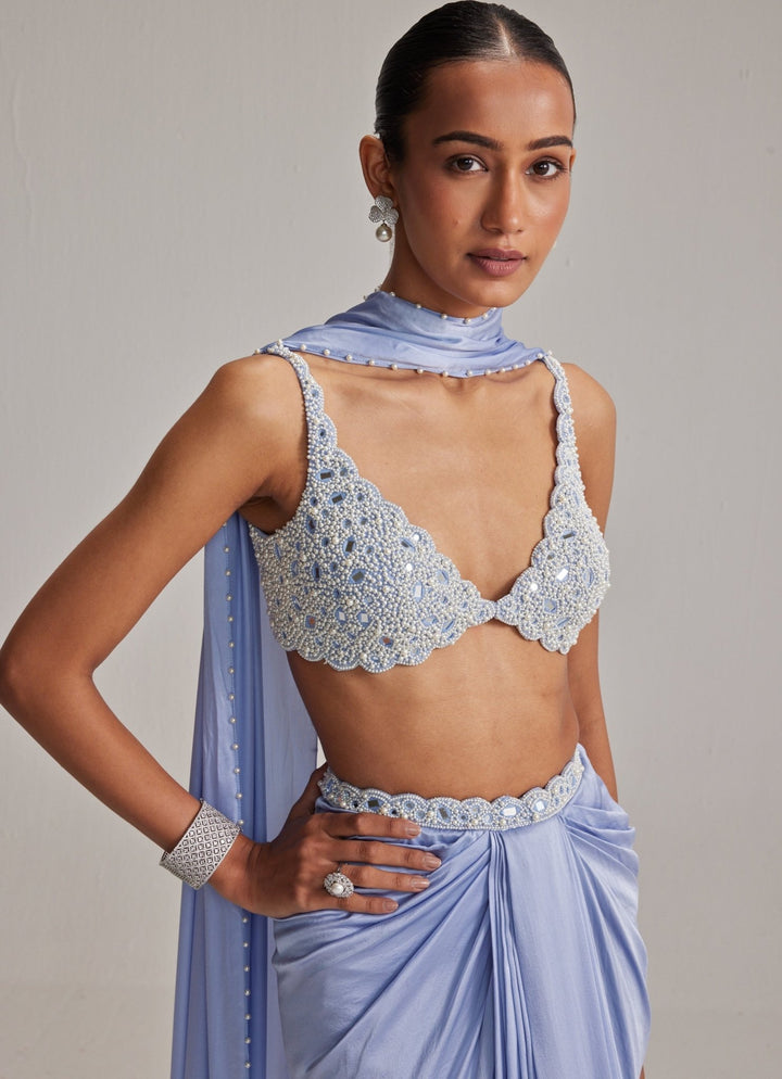 Dew Blue Pearl Embroidered Satin Drape Skirt Set Vvani by Vani Vats - Fabilicious Fashion