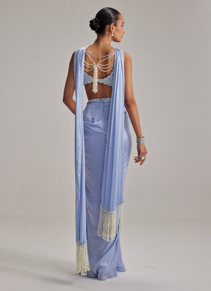 Dew Blue Pearl Embroidered Satin Drape Skirt Set Vvani by Vani Vats - Fabilicious Fashion