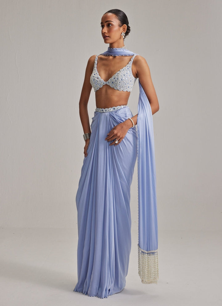 Dew Blue Pearl Embroidered Satin Drape Skirt Set Vvani by Vani Vats - Fabilicious Fashion