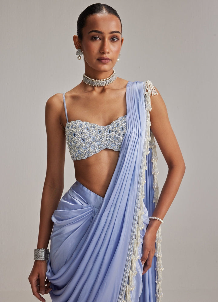 Dew Blue Satin Pre Draped Saree With Pearl Blouse Vvani by Vani Vats - Fabilicious Fashion