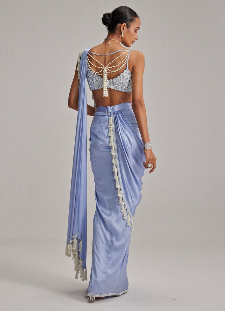 Dew Blue Satin Pre Draped Saree With Pearl Blouse Vvani by Vani Vats - Fabilicious Fashion
