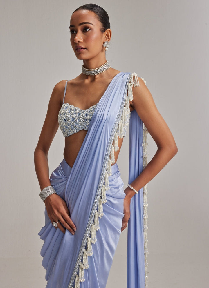 Dew Blue Satin Pre Draped Saree With Pearl Blouse Vvani by Vani Vats - Fabilicious Fashion