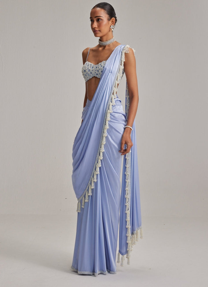 Dew Blue Satin Pre Draped Saree With Pearl Blouse Vvani by Vani Vats - Fabilicious Fashion