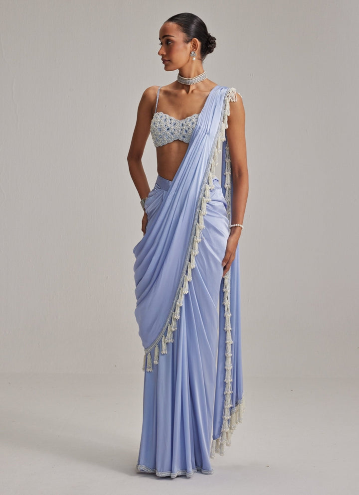 Dew Blue Satin Pre Draped Saree With Pearl Blouse Vvani by Vani Vats - Fabilicious Fashion