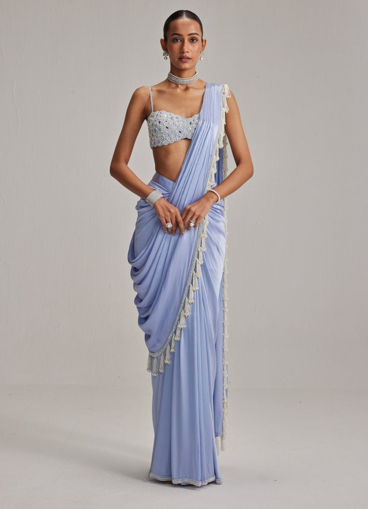Dew Blue Satin Pre Draped Saree With Pearl Blouse Vvani by Vani Vats - Fabilicious Fashion