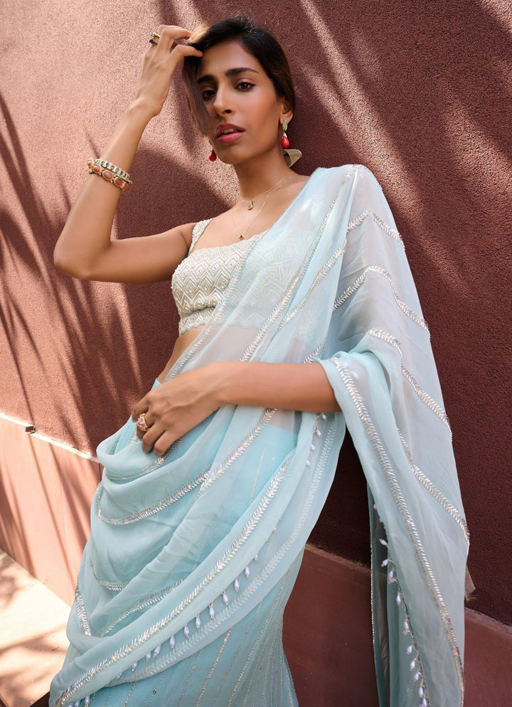 Dusty Blue Green Pre - Stitched Georgette Saree Chamee and Palak - Fabilicious Fashion