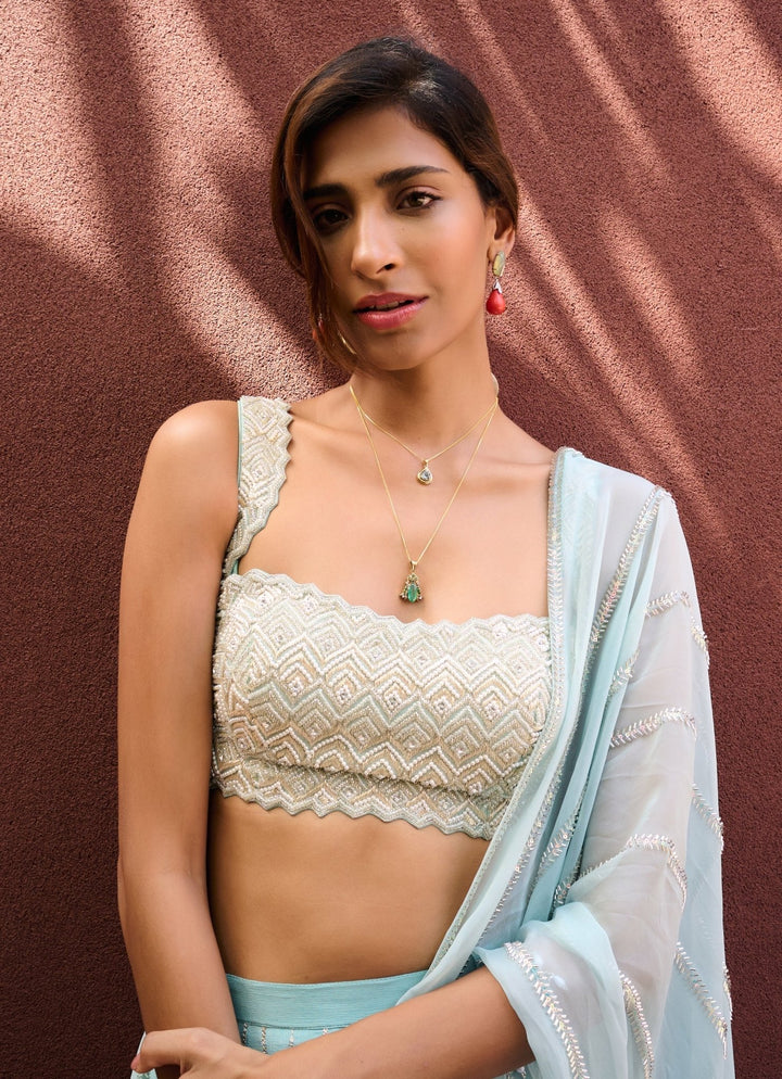 Dusty Blue Green Pre - Stitched Georgette Saree Chamee and Palak - Fabilicious Fashion