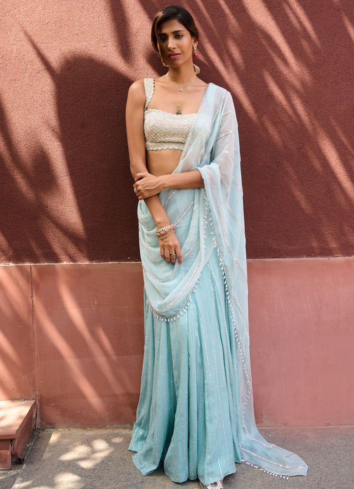 Dusty Blue Green Pre - Stitched Georgette Saree Chamee and Palak - Fabilicious Fashion