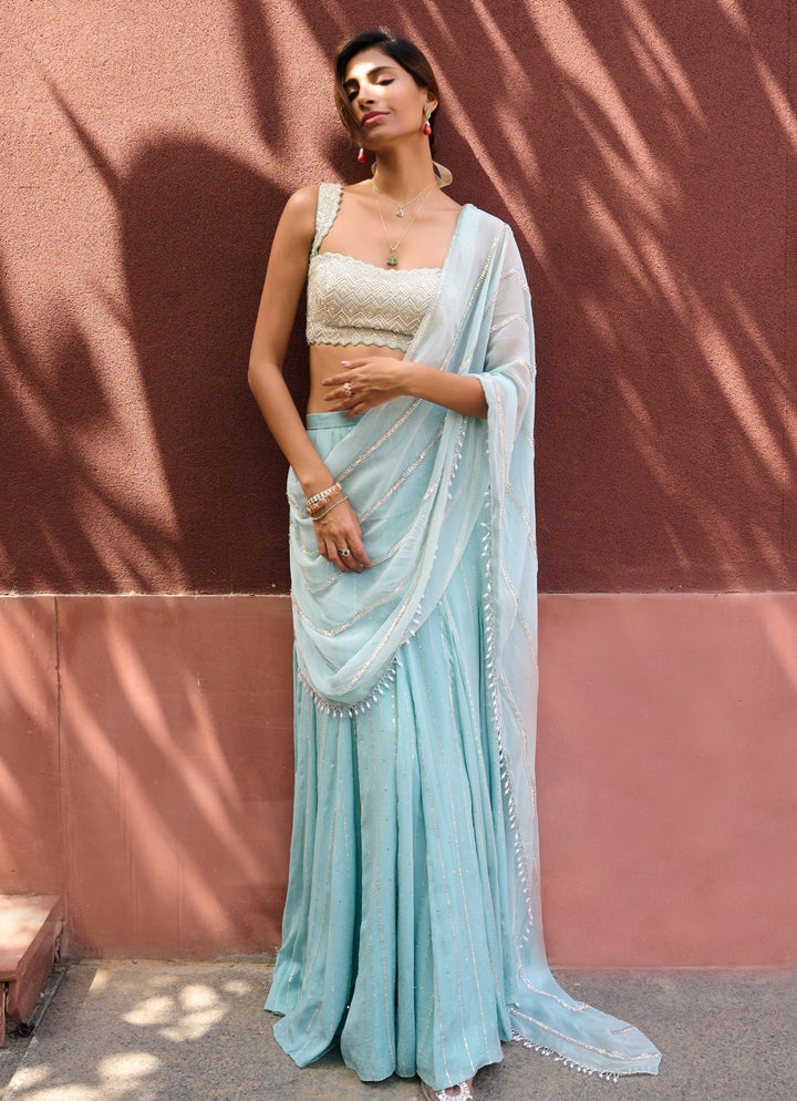 Dusty Blue Green Pre - Stitched Georgette Saree Chamee and Palak - Fabilicious Fashion