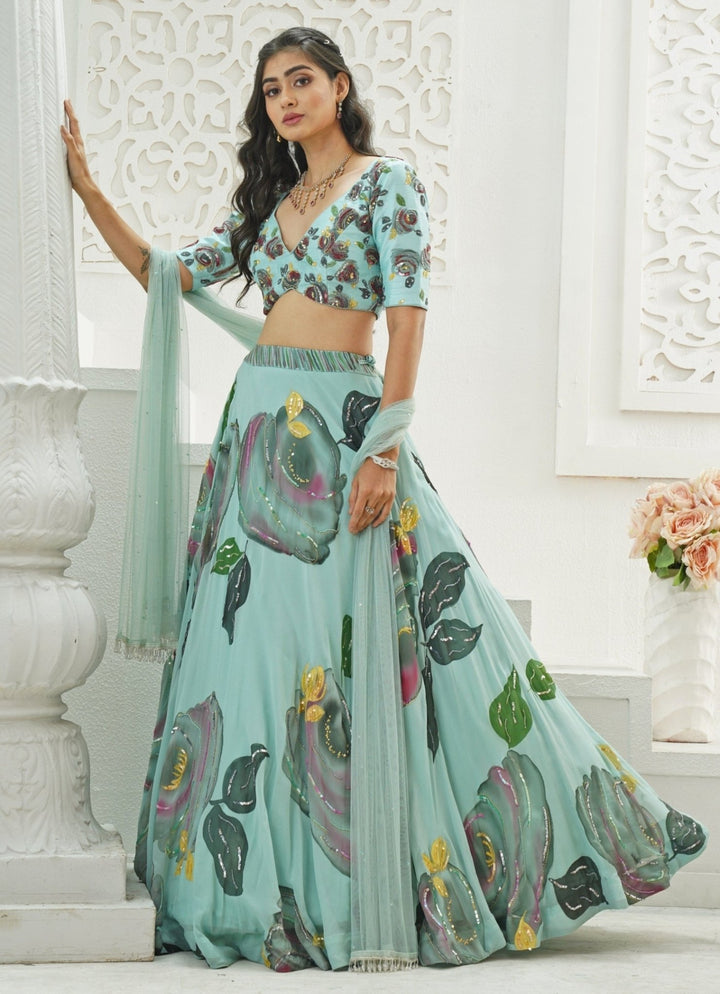 Dusty Blue Hand Painted Georgette Lehenga Set Priti Sahni - Fabilicious Fashion