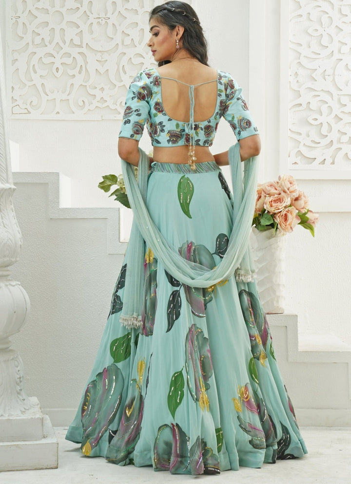 Dusty Blue Hand Painted Georgette Lehenga Set Priti Sahni - Fabilicious Fashion