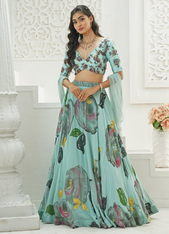 Dusty Blue Hand Painted Georgette Lehenga Set Priti Sahni - Fabilicious Fashion