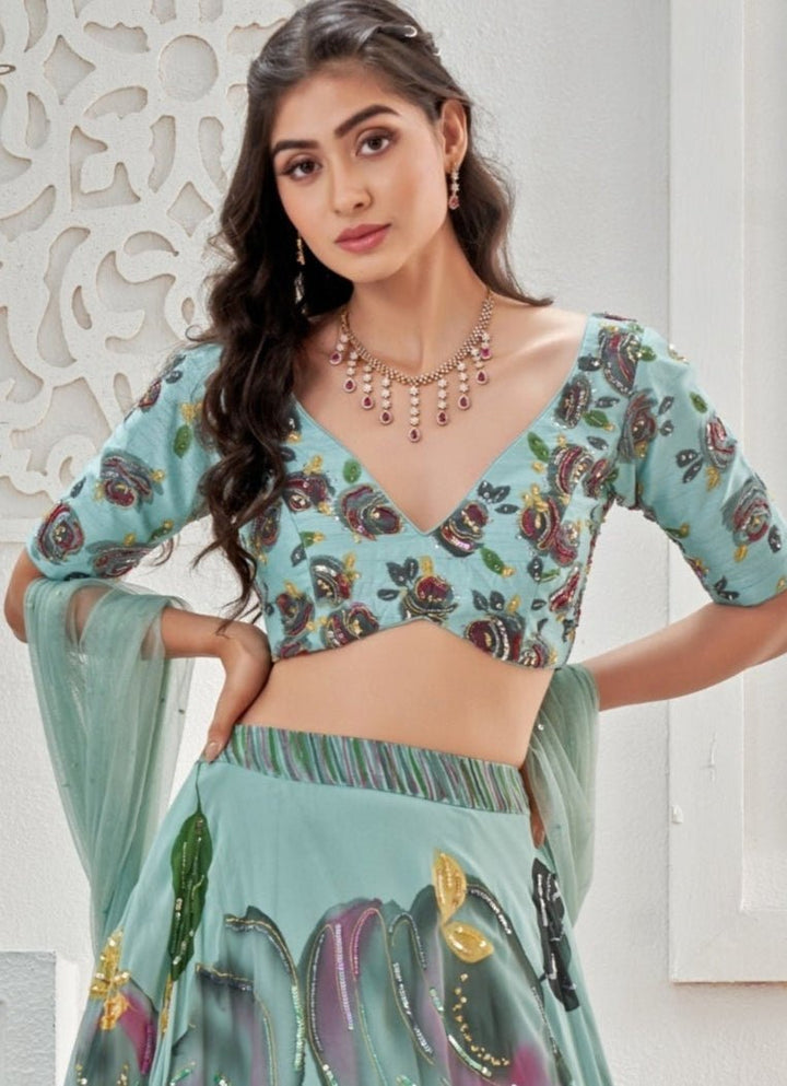 Dusty Blue Hand Painted Georgette Lehenga Set Priti Sahni - Fabilicious Fashion