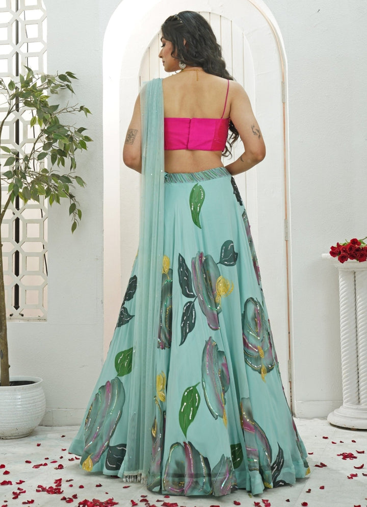 Dusty Blue Hand Painted Georgette Lehenga With Pink Blouse Priti Sahni - Fabilicious Fashion