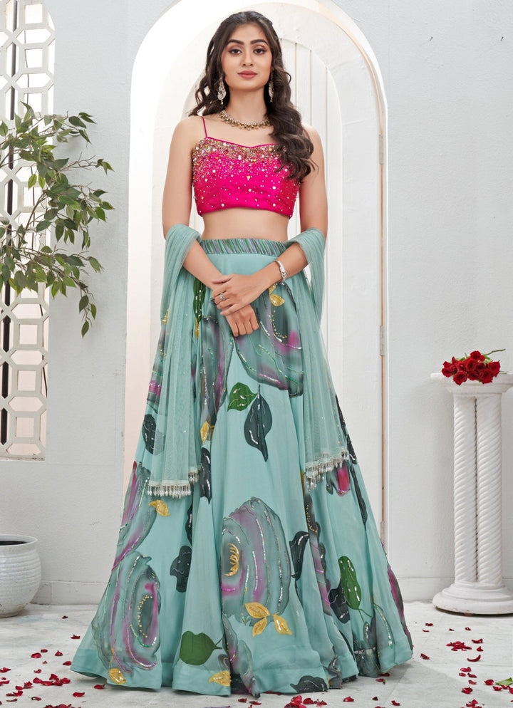 Dusty Blue Hand Painted Georgette Lehenga With Pink Blouse Priti Sahni - Fabilicious Fashion