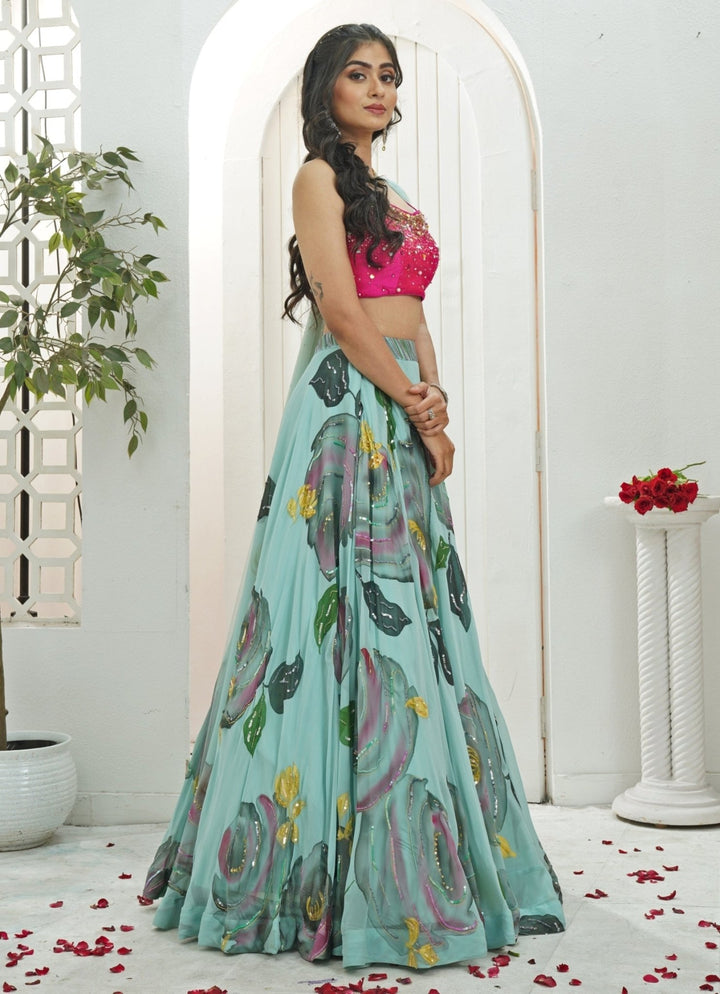 Dusty Blue Hand Painted Georgette Lehenga With Pink Blouse Priti Sahni - Fabilicious Fashion