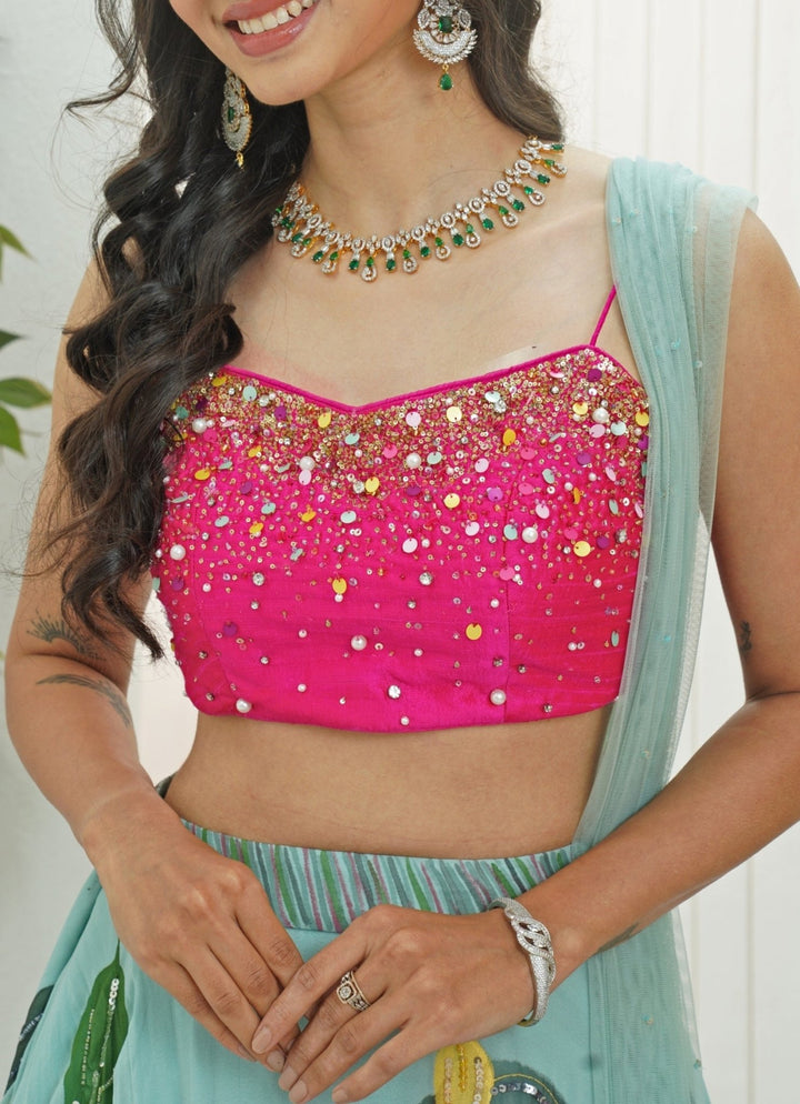 Dusty Blue Hand Painted Georgette Lehenga With Pink Blouse Priti Sahni - Fabilicious Fashion