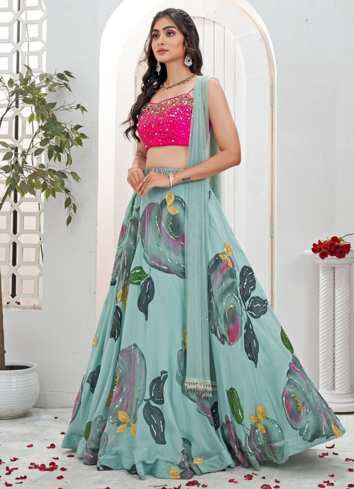 Dusty Blue Hand Painted Georgette Lehenga With Pink Blouse Priti Sahni - Fabilicious Fashion