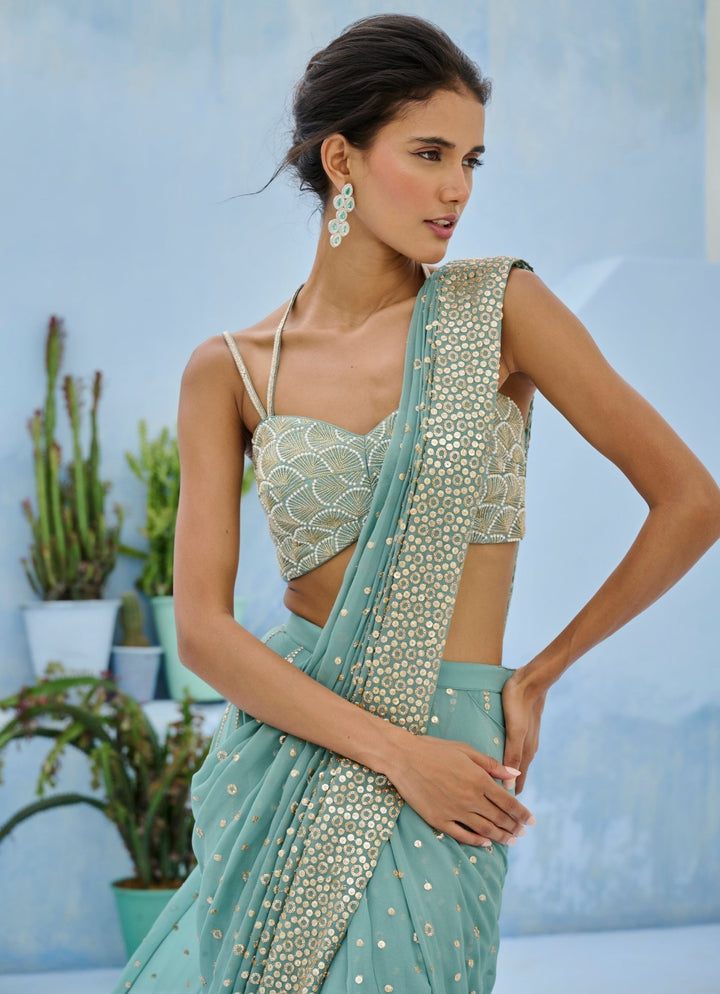 Dusty Green Georgette Predraped Saree Set Chamee and Palak - Fabilicious Fashion