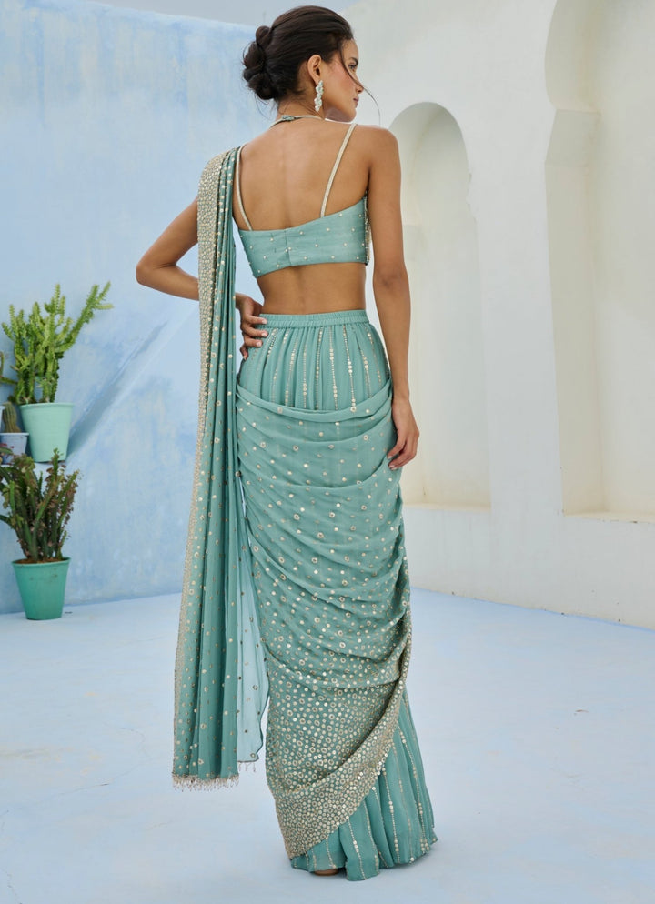 Dusty Green Georgette Predraped Saree Set Chamee and Palak - Fabilicious Fashion