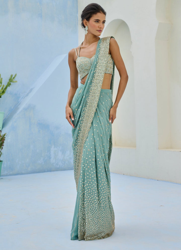 Dusty Green Georgette Predraped Saree Set Chamee and Palak - Fabilicious Fashion