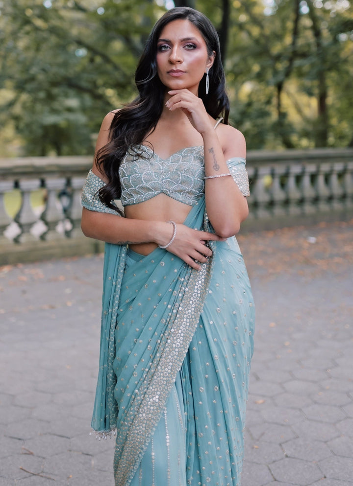 Dusty Green Georgette Predraped Saree Chamee and Palak - Fabilicious Fashion