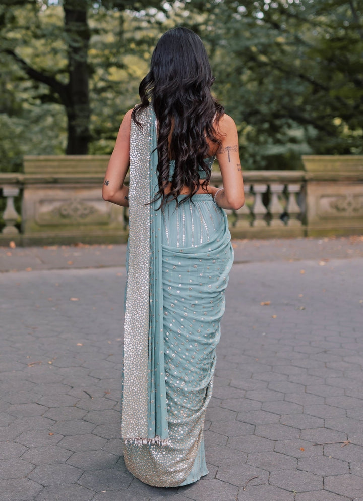 Dusty Green Georgette Predraped Saree Chamee and Palak - Fabilicious Fashion